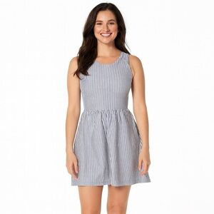 WB Seersucker Blue & White Striped Sleeveless Mini Dress Size L